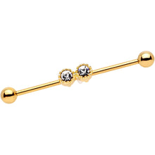 将图片加载到图库查看器，14G Clear Gem Gold Tone Double Drama Industrial Barbell 38mm
