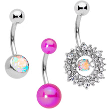 Load image into Gallery viewer, Clear Aurora Gem Pearlescent Purple Belly Ring Set of 3
