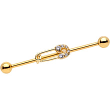 Load image into Gallery viewer, 14G Clear CZ Gem Gold Tone Safety Pin Industrial Barbell 38mm
