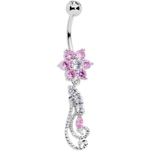 将图片加载到图库查看器，Clear Pink CZ Gem Floral Flourish Dangle Belly Ring
