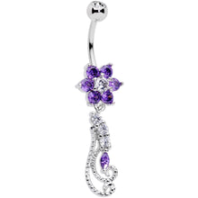 将图片加载到图库查看器，Clear Purple CZ Gem Floral Flourish Dangle Belly Ring
