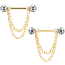Load image into Gallery viewer, 14G Clear Gem End Gold Tone Chain Dangle Nipple Ring Set
