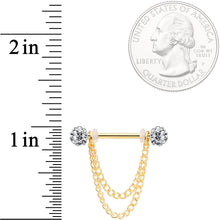 Load image into Gallery viewer, 14G Clear Gem End Gold Tone Chain Dangle Nipple Ring Set
