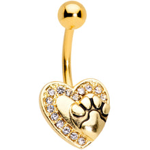 Load image into Gallery viewer, Clear Gem Gold Tone Dog Paw Print Heart Puppy Love Belly Ring
