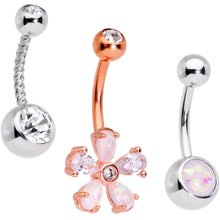 Load image into Gallery viewer, White Faux Opal Fun With Flowers Belly Ring Set of 3
