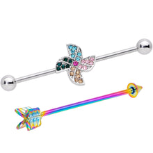 Load image into Gallery viewer, 14G Rainbow Gem Pinwheel and Arrow Industrial Barbell Set 38mm
