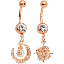 Load image into Gallery viewer, Clear Gem Rose Gold Tone Celestial Star Moon Dangle Belly Ring Set

