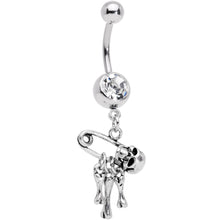 将图片加载到图库查看器，Clear Gem Skull Bones Safety Pin Halloween Dangle Belly Ring
