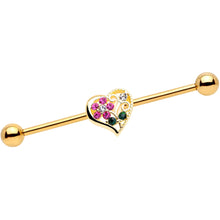 Load image into Gallery viewer, 14G Clear Pink Gem Flower Heart Gold Tone Barbell Industrial

