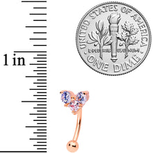 Load image into Gallery viewer, 16G 5/16 Clear Gem Trio Rose Gold Tone Heart Curved Eyebrow Ring
