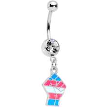 Load image into Gallery viewer, Clear Gem Pink Blue White Transgender Pride Fist Dangle Belly Ring
