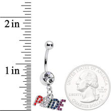 Load image into Gallery viewer, Clear Gem Rainbow Gem Text Gay Pride Dangle Belly Ring
