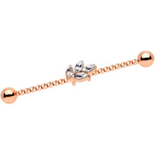 Load image into Gallery viewer, 14G Clear Gem Rose Gold Tone Leaf Industrial Barbell 38mm
