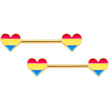 Load image into Gallery viewer, 14G Pansexual Pride Gold Tone Heart Barbell Nipple Ring Set
