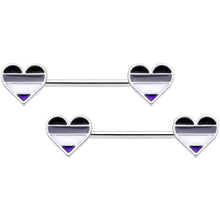 Load image into Gallery viewer, 14G Black Grey White Asexual Pride Heart Barbell Nipple Ring Set
