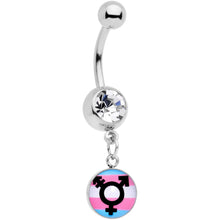 Load image into Gallery viewer, Clear Gem Pink Blue White Transgender Pride Logo Dangle Belly Ring
