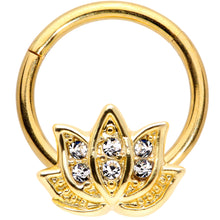 Load image into Gallery viewer, 16G 3/8 Clear Gem Gold Tone Lotus Flower Hinged Segment Ring
