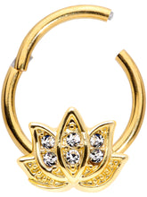 Load image into Gallery viewer, 16G 3/8 Clear Gem Gold Tone Lotus Flower Hinged Segment Ring
