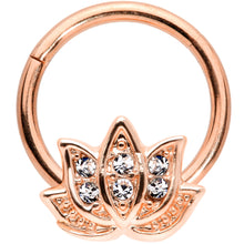 Load image into Gallery viewer, 16G 3/8 Clear Gem Rose Gold Tone Lotus Flower Hinged Segment Ring
