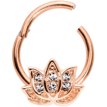 Load image into Gallery viewer, 16G 3/8 Clear Gem Rose Gold Tone Lotus Flower Hinged Segment Ring
