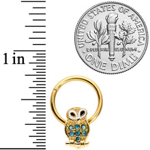 Load image into Gallery viewer, 16G 3/8 Aqua Gem Gold Tone Barn Owl Hinged Segment Ring
