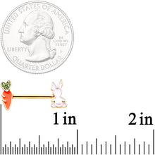 Load image into Gallery viewer, 14G 9/16 Green Gem Gold Tone Bunny Carrot Barbell Nipple Ring Set
