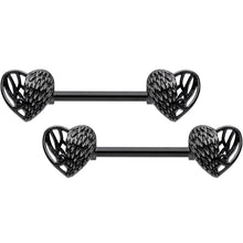 Load image into Gallery viewer, 14G 9/16 Black Angels Wings Barbell Nipple Ring Set
