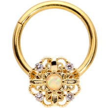 Load image into Gallery viewer, 16G 3/8 White Synthetic Opal Gold Tone Flower Hinged Segment Ring
