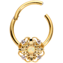 Load image into Gallery viewer, 16G 3/8 White Synthetic Opal Gold Tone Flower Hinged Segment Ring
