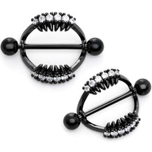 Load image into Gallery viewer, 14G 9/16 Clear CZ Gem Black Scary Fang Halloween Nipple Shield Set
