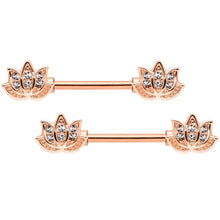 Load image into Gallery viewer, 14G 9/16 Clear Gem Rose Gold Tone Lotus Flower Barbell Nipple Ring Set
