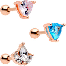 Load image into Gallery viewer, 16G 1/4 Blue CZ Gem Rose Gold Tone Cartilage Tragus Set of 3
