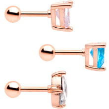 Load image into Gallery viewer, 16G 1/4 Blue CZ Gem Rose Gold Tone Cartilage Tragus Set of 3
