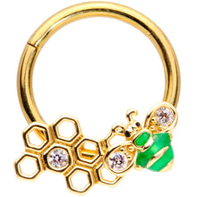 Load image into Gallery viewer, 16G 3/8 Clear Gem Gold Tone Green Bee Hinged Segment Ring
