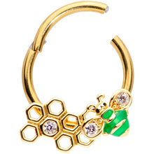 Load image into Gallery viewer, 16G 3/8 Clear Gem Gold Tone Green Bee Hinged Segment Ring
