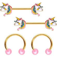 Load image into Gallery viewer, 14G Gold Tone Unicorn UV Horseshoe Barbell Nipple Ring Set of 4
