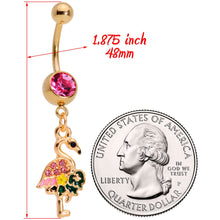 Load image into Gallery viewer, Pink Gem Gold Tone Florida Pink Flamingo Bird Dangle Belly Ring
