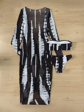 将图片加载到图库查看器，Horizon Haze 3-Piece Tie Dye Bandeau Bikini Set for Women – Strapless Tube Top with Long Sleeve Semi-Sheer Cover-Up Dress for Summer – Artistic Stripe Print Swimwear Ensemble for Bold Summer Fashion
