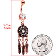 Load image into Gallery viewer, Clear Gem Rose Gold Tone Feather Mandala Dreamcatcher Belly Ring

