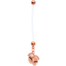 Load image into Gallery viewer, Love You Baby Feet Rose Gold Tone Dangle Pregnancy Belly Ring
