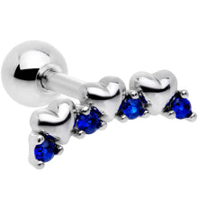 Load image into Gallery viewer, 16G 1/4 Blue CZ Gem Tiny Hearts Cartilage Tragus Earring
