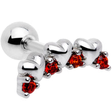 Load image into Gallery viewer, 16G 1/4 Red CZ Gem Tiny Hearts Cartilage Tragus Earring
