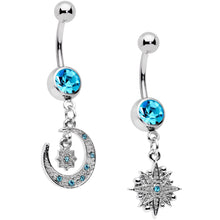 Load image into Gallery viewer, Aqua Gem Starburst Crescent Moon Dangle Belly Ring Set of 2
