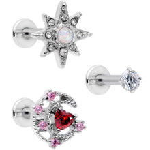 Load image into Gallery viewer, 16G 5/16 White Faux Opal Moon Star Labret Monroe Tragus Set of 3
