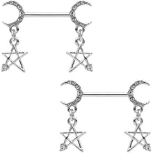 Load image into Gallery viewer, 14G 9/16 Clear Gem Moon Star Dangle Barbell Nipple Ring Set
