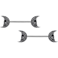Load image into Gallery viewer, 14G 9/16 Black Gem Skull Crescent Moon Barbell Nipple Ring Set
