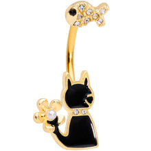 Load image into Gallery viewer, Clear Gem Gold Tone Cat Fishing Black Cat Double Mount Belly Ring
