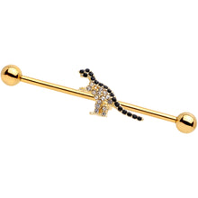 Load image into Gallery viewer, 14G Clear Black Gem Gold Tone Dinosaur Industrial Barbell 38mm
