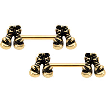 Load image into Gallery viewer, 14G 9/16 Gold Tone Boxing Gloves Barbell Nipple Ring Set
