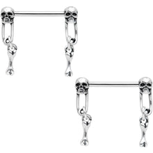 Load image into Gallery viewer, 14G 9/16 Skull Safety Pin Dangle Barbell Nipple Ring Set
